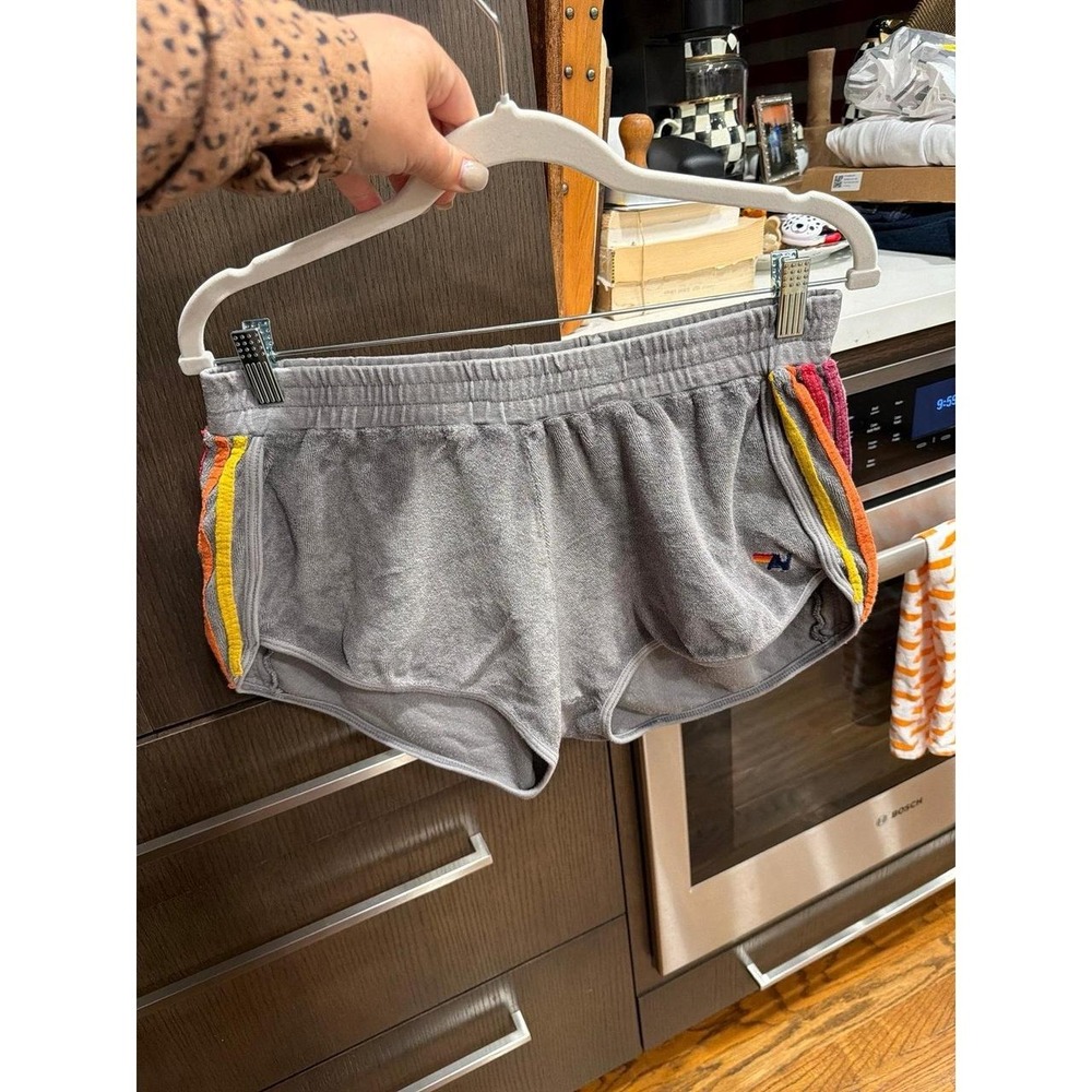 Aviator Nation 5 Stripe Pocket Club Short in a gray colorway with rainbow XL